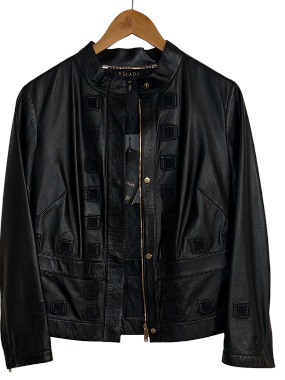 NWT Escada Vintage Y2K Funnel Neck Black Lamb Leather Jacket size 8